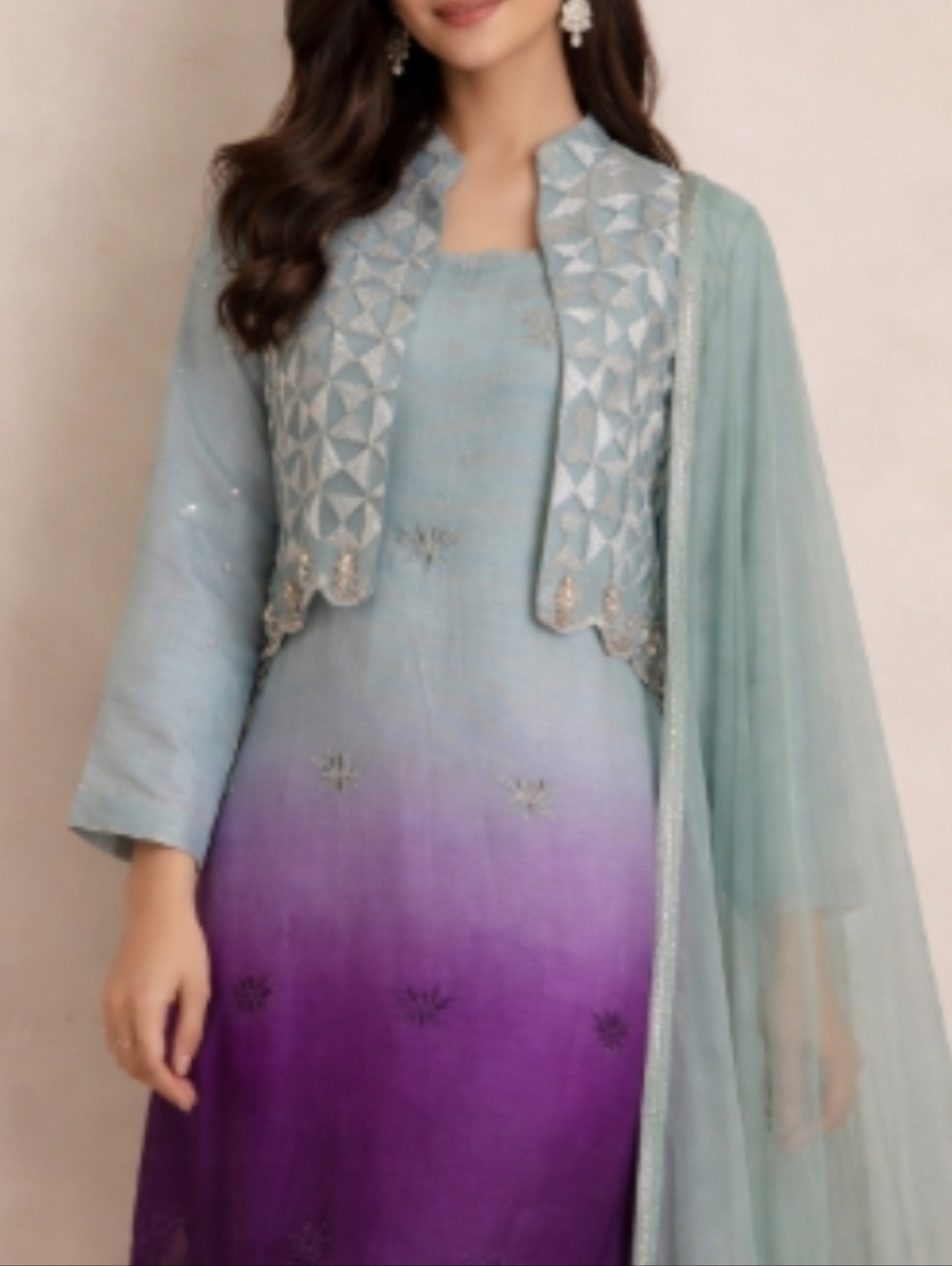 MOIRE Designer Pakistani 4pc Kurta Jacket Pants Shawl Outfit MEDIUM Ombre